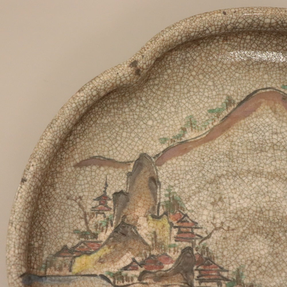 ■ 三浦乾也 作 輪花皿 林田焼 色絵 江戸 風景画 柄 乾/陶印有り 大鉢 深皿 陶器 アンティーク 骨董品 全長26.5cm