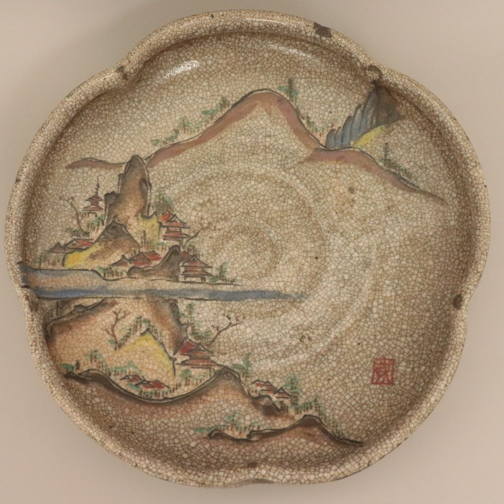 ■ 三浦乾也 作 輪花皿 林田焼 色絵 江戸 風景画 柄 乾/陶印有り 大鉢 深皿 陶器 アンティーク 骨董品 全長26.5cm