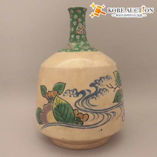 ■ Kyoto Awataguchi-yaki Sake Flask, Edo Kenzan, Rimpa School, Colored Landscape Painting, Signed, Ceramic, Vase, Bottle, Antique, Art Object, Total Length 23cm