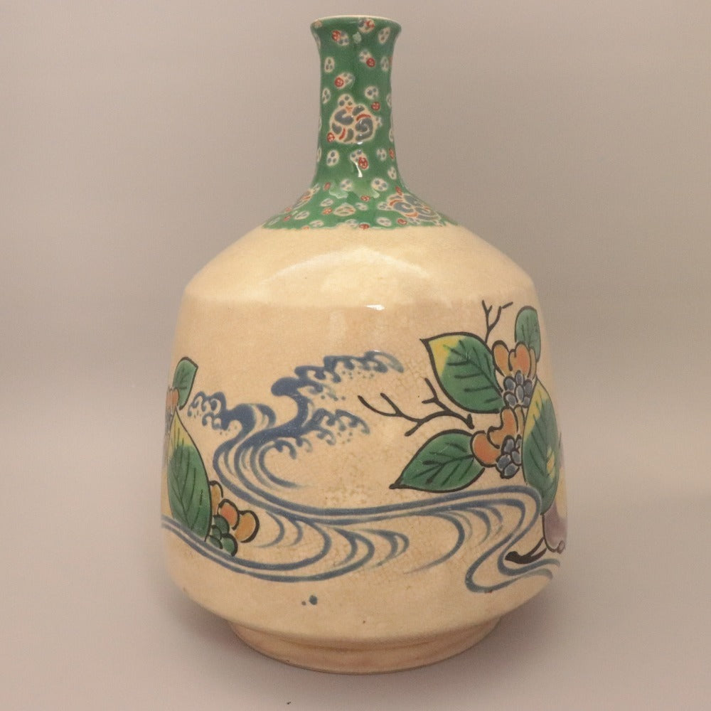 ■ 三浦乾也 林田焼 徳利 江戸乾山 琳派 色絵 風景画 陶印有り 陶磁器 花瓶 ボトル アンティーク 骨董品 全長23cm
