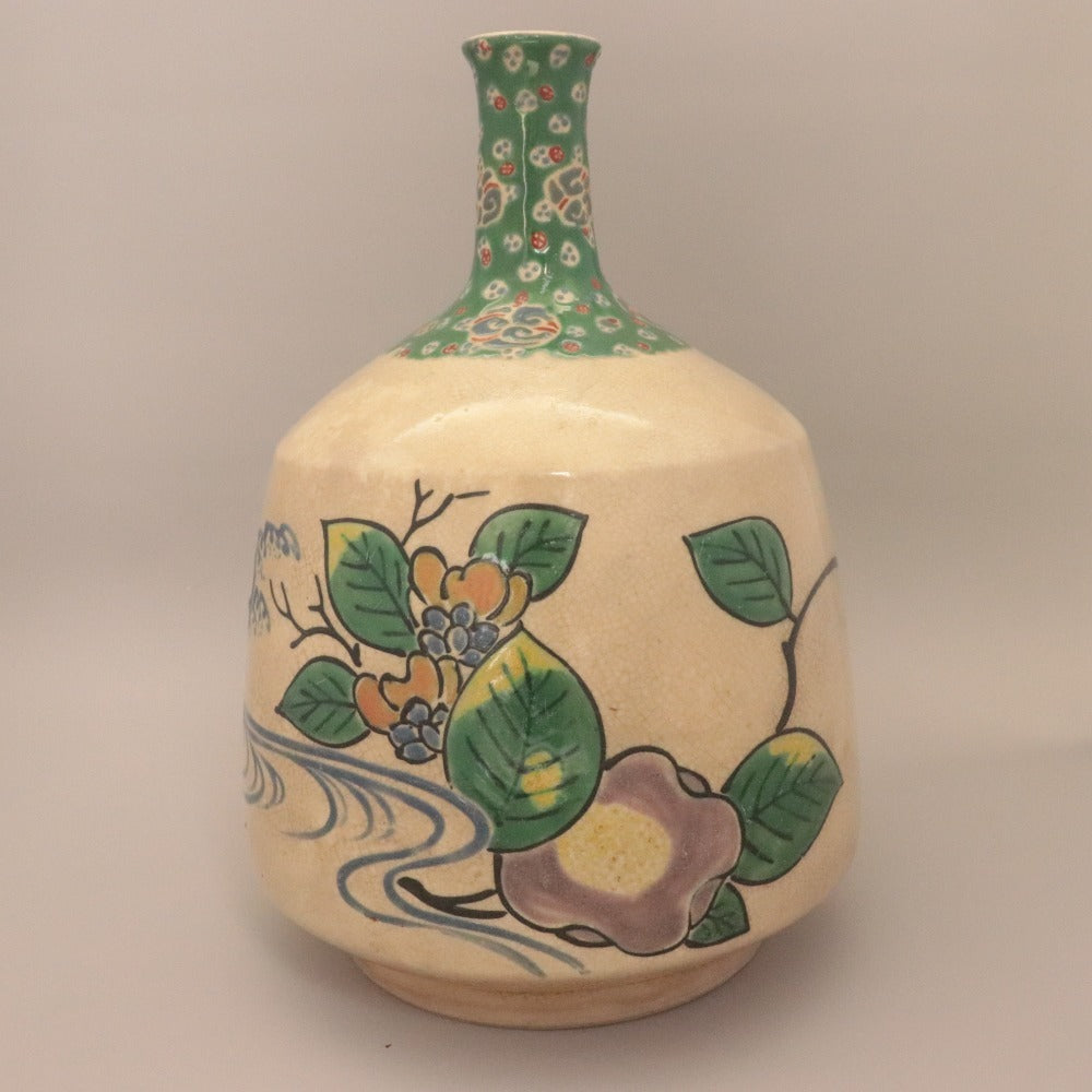 ■ 三浦乾也 林田焼 徳利 江戸乾山 琳派 色絵 風景画 陶印有り 陶磁器 花瓶 ボトル アンティーク 骨董品 全長23cm