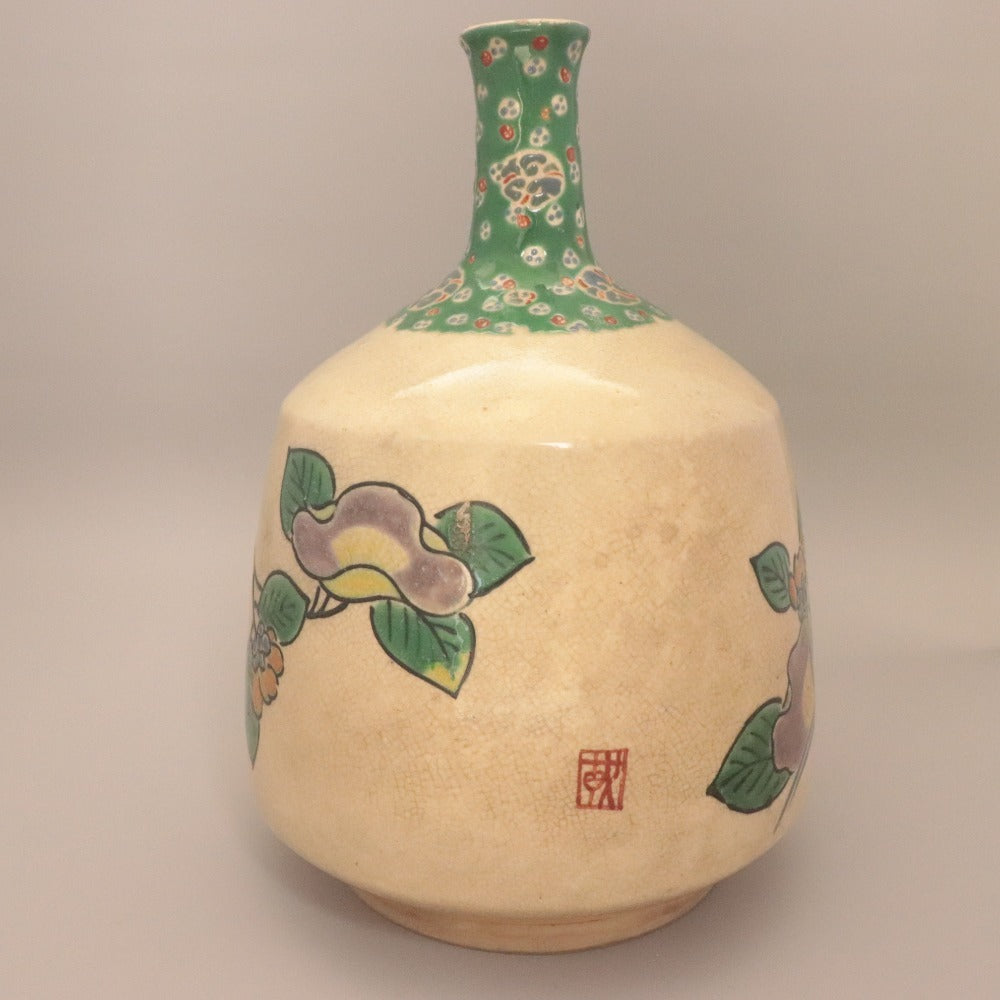 ■ 三浦乾也 林田焼 徳利 江戸乾山 琳派 色絵 風景画 陶印有り 陶磁器 花瓶 ボトル アンティーク 骨董品 全長23cm