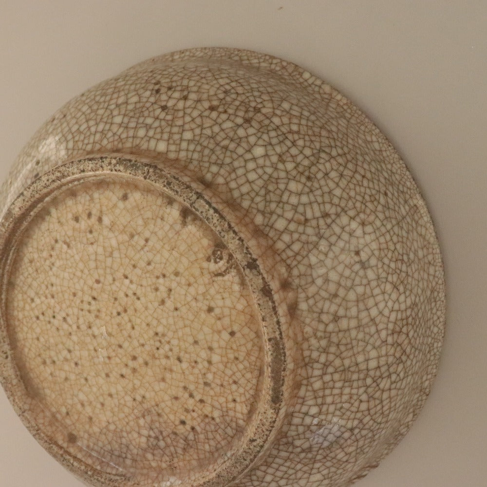 ■ 三浦乾也 作 林田焼 鉢 ひび焼 模様 色絵葵岩波 唐獅子図 古清水 茶道具 千家 乾山 陶印有り 陶器 中深皿 骨董品 全長21cm 極書付き