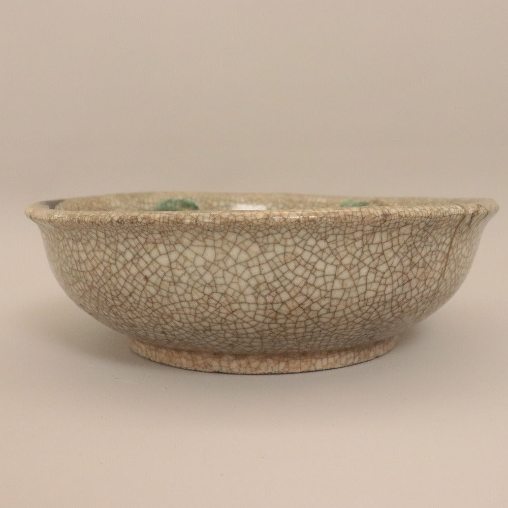 ■ 三浦乾也 作 林田焼 鉢 ひび焼 模様 色絵葵岩波 唐獅子図 古清水 茶道具 千家 乾山 陶印有り 陶器 中深皿 骨董品 全長21cm 極書付き
