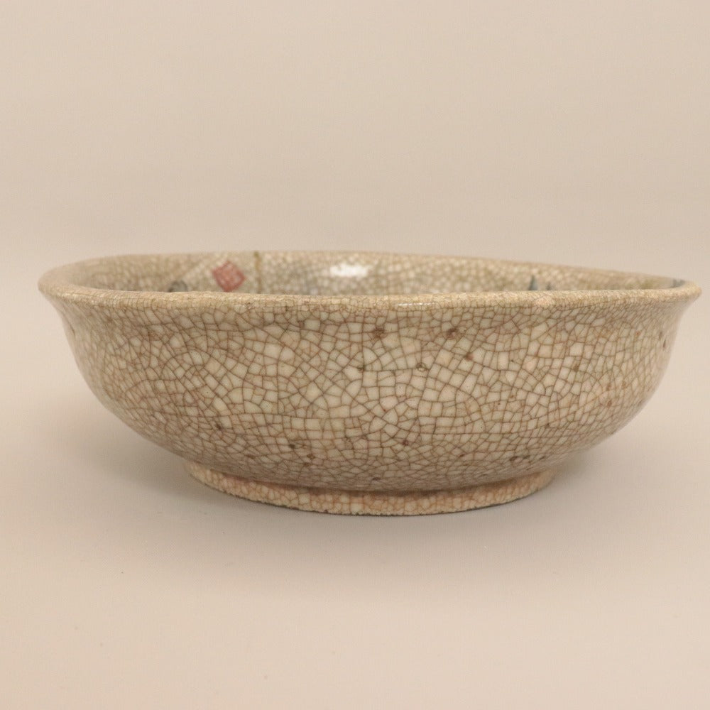 ■ 三浦乾也 作 林田焼 鉢 ひび焼 模様 色絵葵岩波 唐獅子図 古清水 茶道具 千家 乾山 陶印有り 陶器 中深皿 骨董品 全長21cm 極書付き