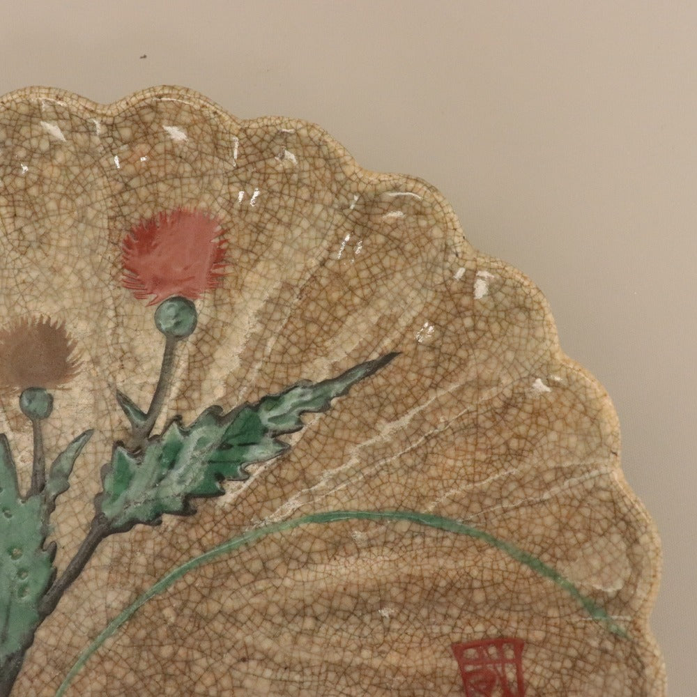 ■ 三浦乾也 作 林田焼 色絵薊文輪花皿 ひび焼 模様 草花柄 江戸 乾/陶印 陶器 中皿 アンティーク 骨董品 全長21.5cm