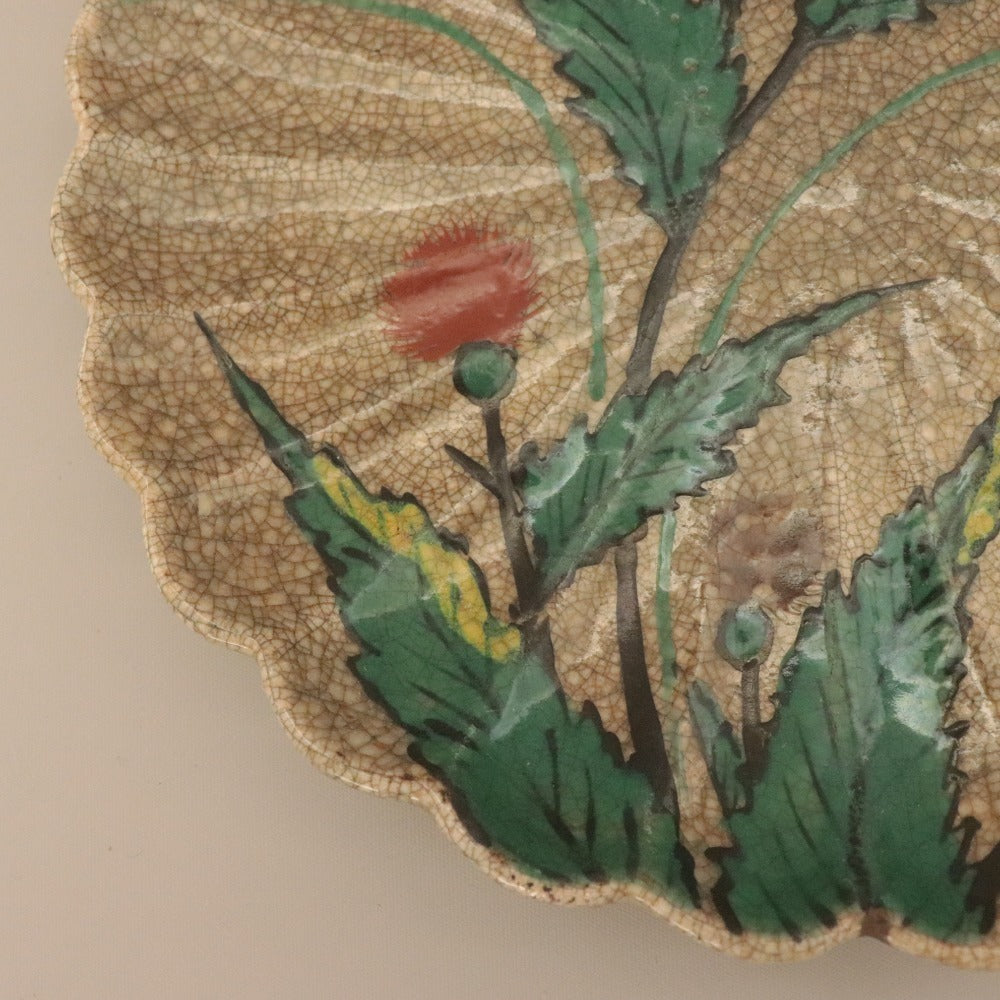 ■ 三浦乾也 作 林田焼 色絵薊文輪花皿 ひび焼 模様 草花柄 江戸 乾/陶印 陶器 中皿 アンティーク 骨董品 全長21.5cm