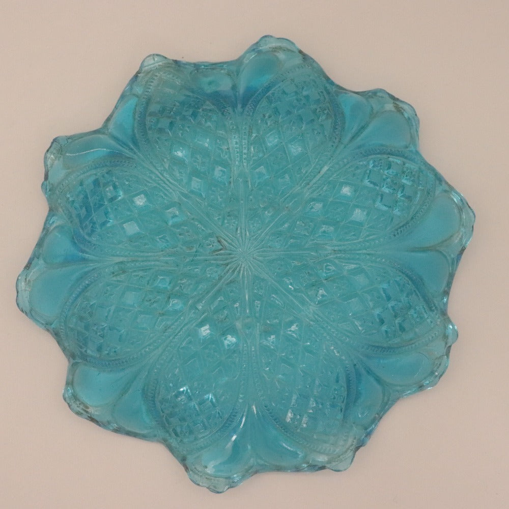 □ プレスガラス 輪花皿 ボウル 格子 花模様 小皿 ライトブルー 水色