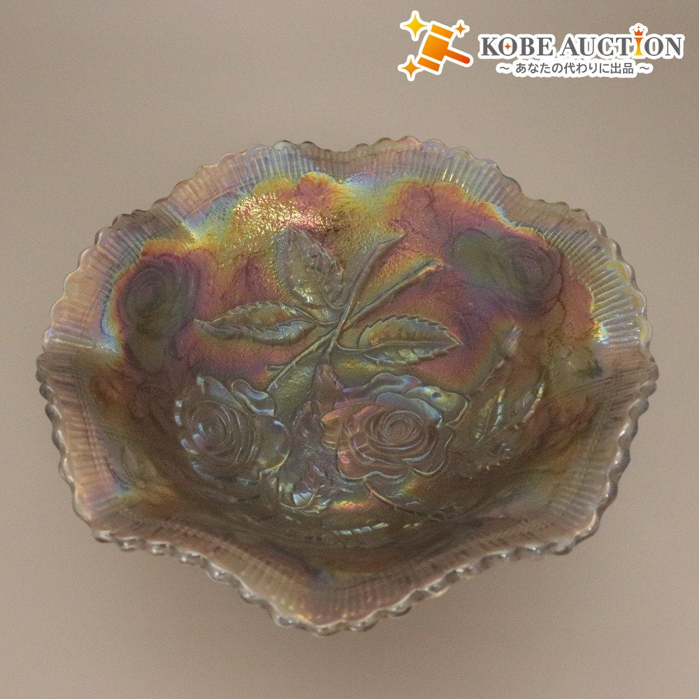 ■ カーニバルガラス フリルボウル オーロラ加工 草花薔薇模様 食器 中深皿 全長21cm