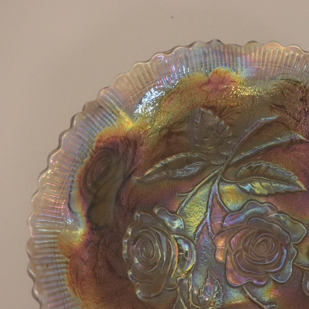 ■ カーニバルガラス フリルボウル オーロラ加工 草花薔薇模様 食器 中深皿 全長21cm