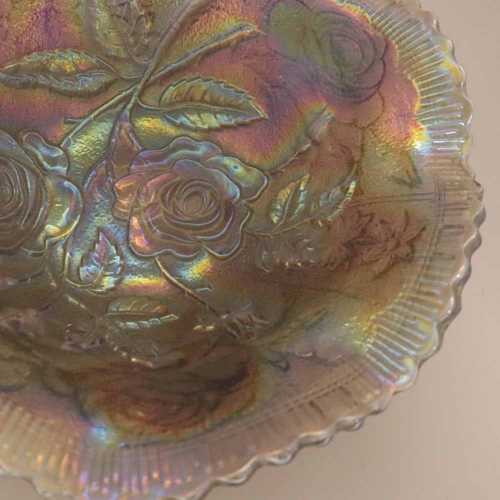 ■ カーニバルガラス フリルボウル オーロラ加工 草花薔薇模様 食器 中深皿 全長21cm