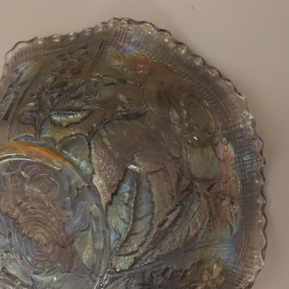 ■ カーニバルガラス フリルボウル オーロラ加工 草花薔薇模様 食器 中深皿 全長21cm