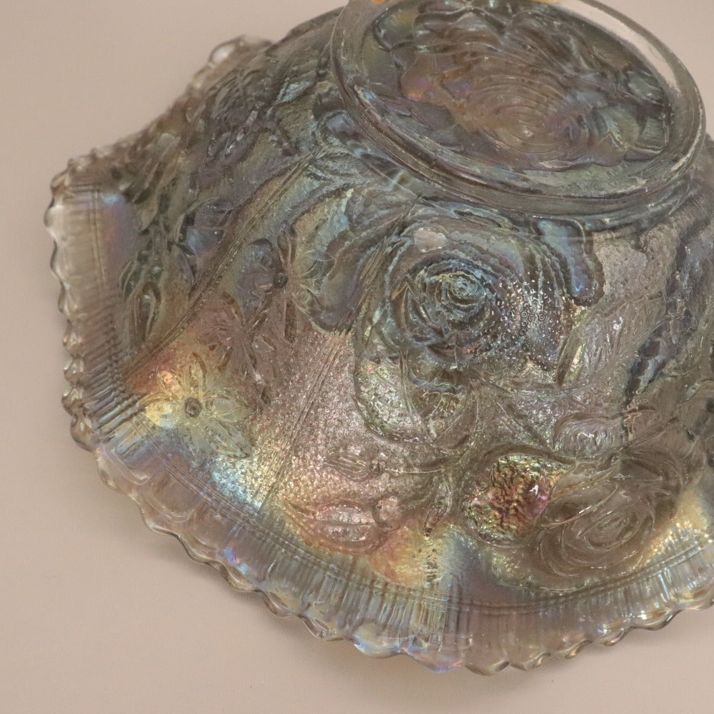 ■ カーニバルガラス フリルボウル オーロラ加工 草花薔薇模様 食器 中深皿 全長21cm