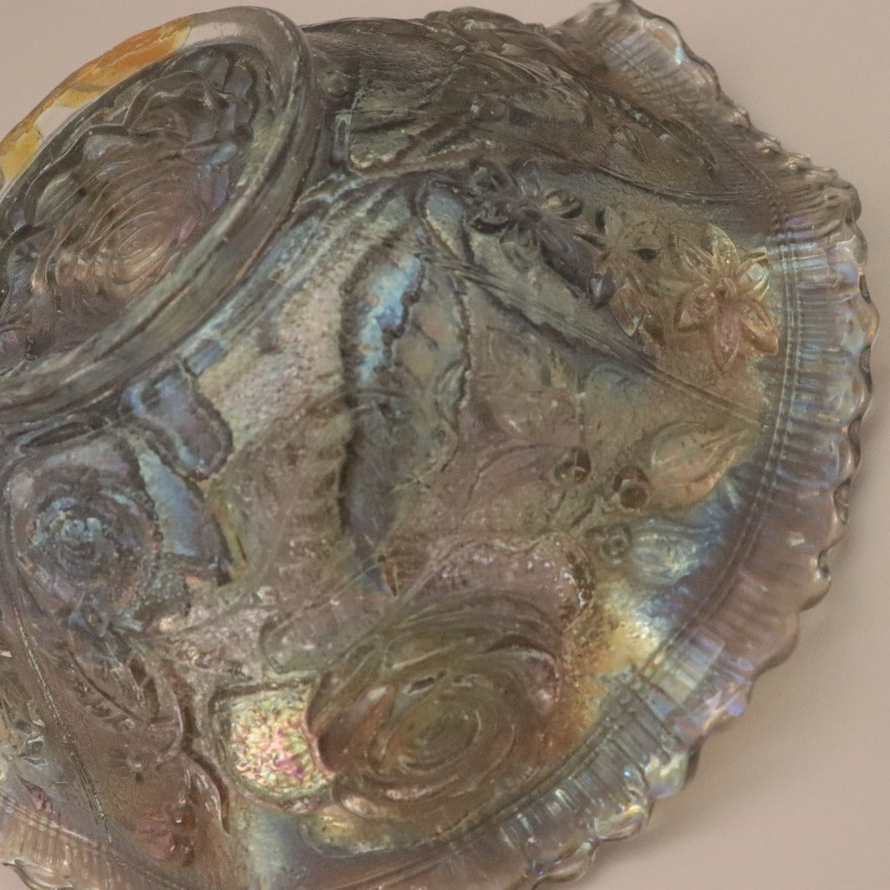 ■ カーニバルガラス フリルボウル オーロラ加工 草花薔薇模様 食器 中深皿 全長21cm
