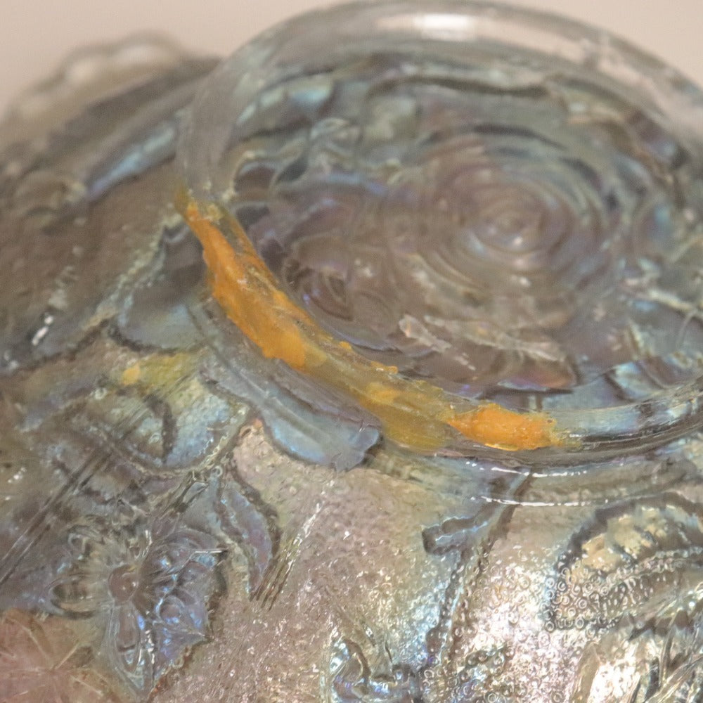 ■ カーニバルガラス フリルボウル オーロラ加工 草花薔薇模様 食器 中深皿 全長21cm