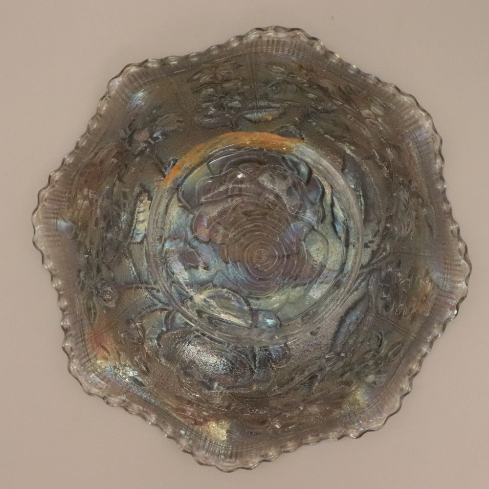 ■ カーニバルガラス フリルボウル オーロラ加工 草花薔薇模様 食器 中深皿 全長21cm