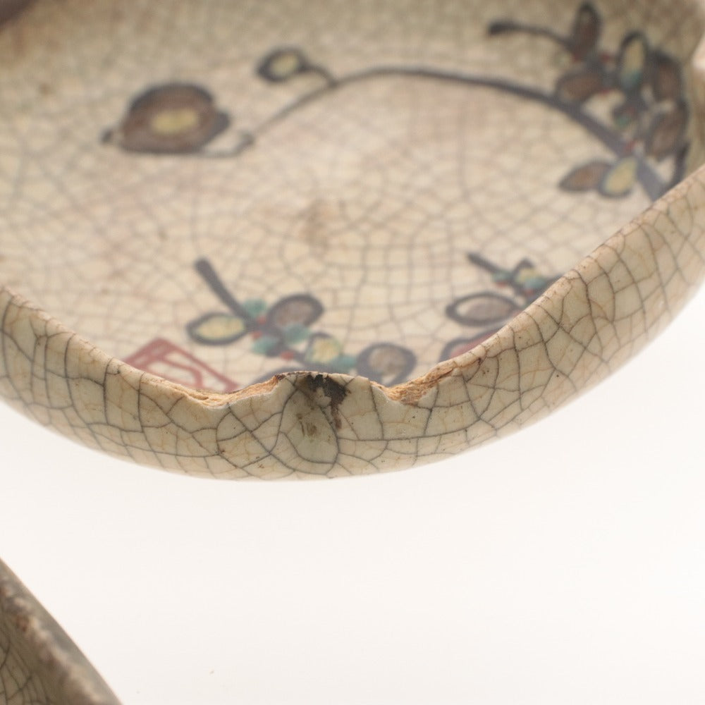 ■ 京都 粟田口焼 京焼 色絵梅文角皿 三客/3枚セット 乾山写し 林田焼 栗田焼 木花柄 陶印有り 四方 小皿 陶器 全長11.3cm