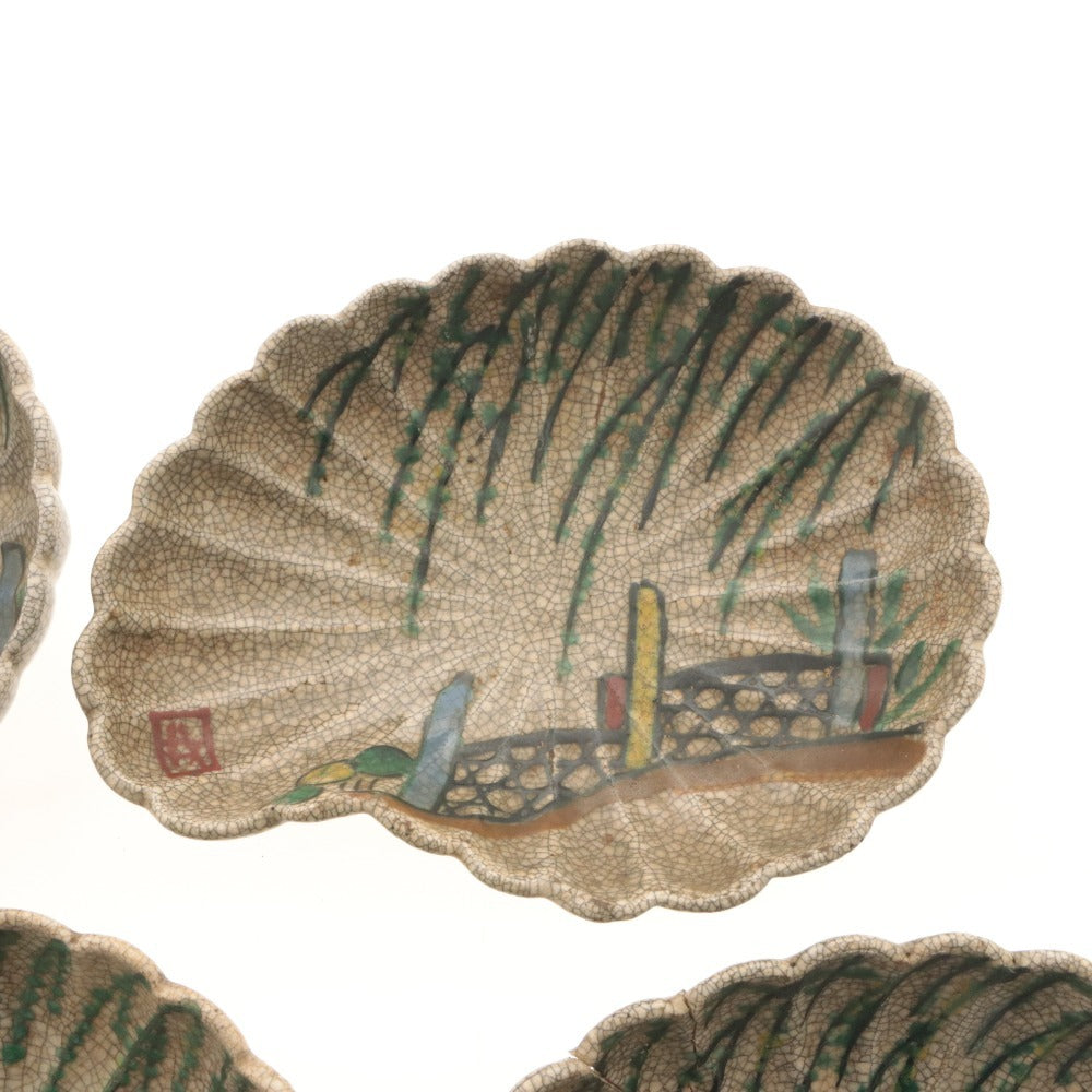 ■ Kyoto Awataguchi Ware Overglaze Enamel Willow Bridge Design Rinka Plate 5 Pieces/Set of Five, Kenzan-Style Copy, All-Over Pattern, Imari Seal Present, Irregular-Shaped Plates, Ceramic, Antique, Collectible, Overall Length 18.3 cm (1 Piece Damaged)