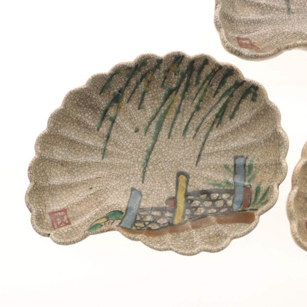 ■ Kyoto Awataguchi Ware Overglaze Enamel Willow Bridge Design Rinka Plate 5 Pieces/Set of Five, Kenzan-Style Copy, All-Over Pattern, Imari Seal Present, Irregular-Shaped Plates, Ceramic, Antique, Collectible, Overall Length 18.3 cm (1 Piece Damaged)