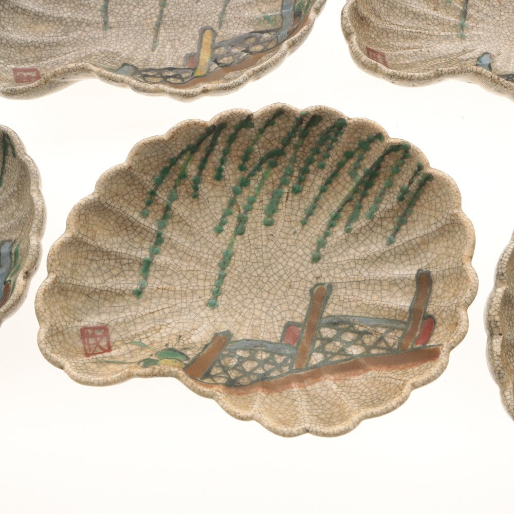 ■ Kyoto Awataguchi Ware Overglaze Enamel Willow Bridge Design Rinka Plate 5 Pieces/Set of Five, Kenzan-Style Copy, All-Over Pattern, Imari Seal Present, Irregular-Shaped Plates, Ceramic, Antique, Collectible, Overall Length 18.3 cm (1 Piece Damaged)