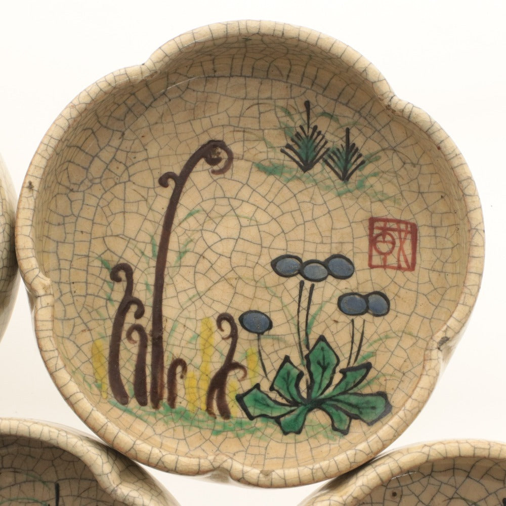 ■ Kyoto Awataguchi Ware Overglaze Enamel Floral Pattern Rinka Plate 5-Piece Set, Kenzan Style, Crackle Glaze, Appetizer Plate, All-Over Pattern, With Seal, Small Plate, Bowl, Tea Utensil, Ceramic, Antique, Overall Length 11.2 cm