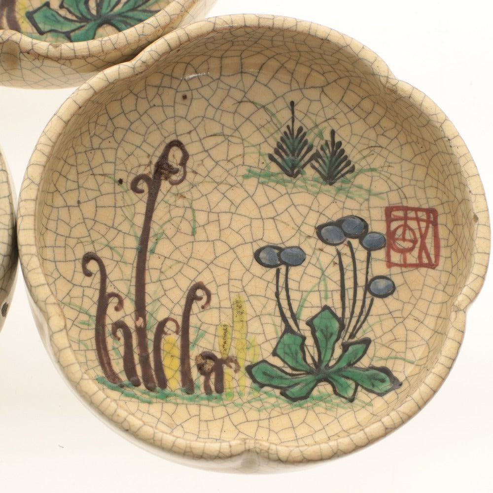 ■ Kyoto Awataguchi Ware Overglaze Enamel Floral Pattern Rinka Plate 5-Piece Set, Kenzan Style, Crackle Glaze, Appetizer Plate, All-Over Pattern, With Seal, Small Plate, Bowl, Tea Utensil, Ceramic, Antique, Overall Length 11.2 cm