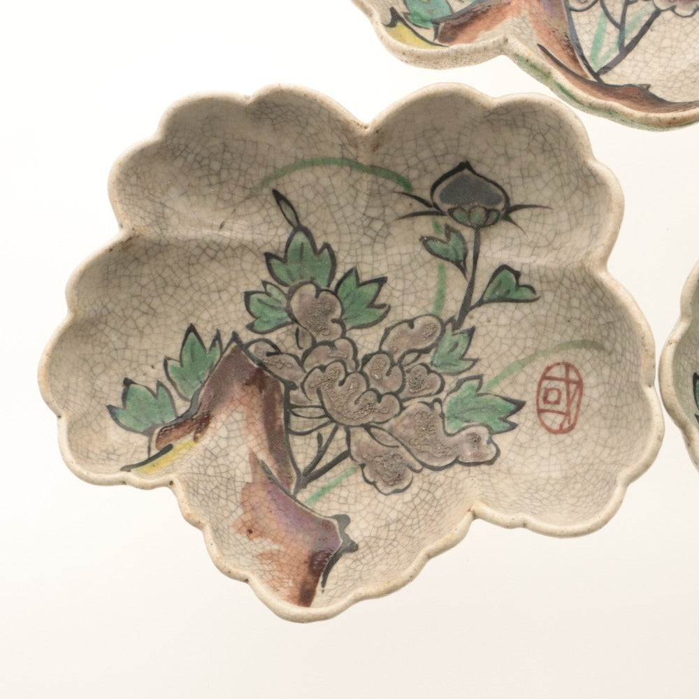 ■ 京都 粟田口焼 色絵草花文 輪花皿 5客/五枚セット 乾山写し ひび焼 総柄 陶印有り 中皿 鉢 陶器 骨董品 全長18.5cm (1枚割れ目有)