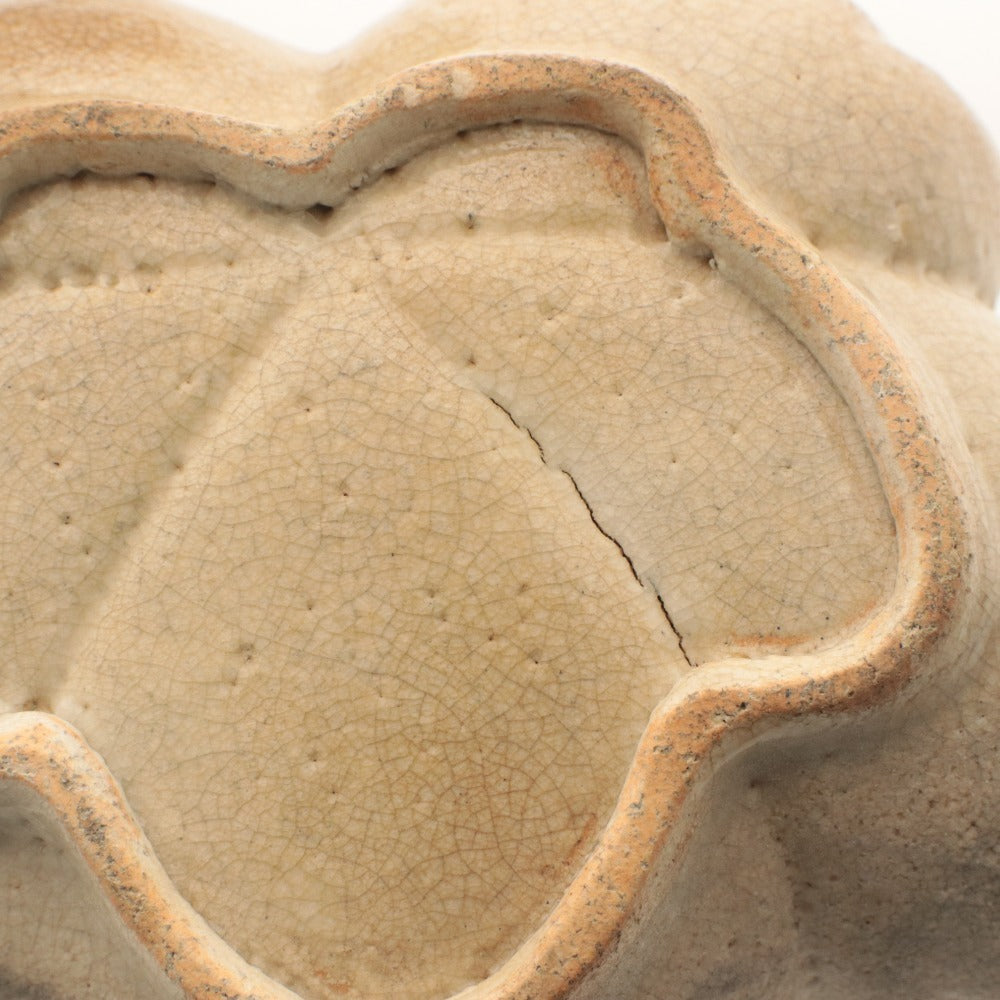 ■ 京都 粟田口焼 色絵草花文 輪花皿 5客/五枚セット 乾山写し ひび焼 総柄 陶印有り 中皿 鉢 陶器 骨董品 全長18.5cm (1枚割れ目有)