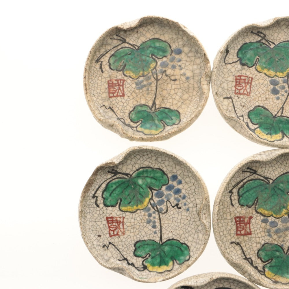 ■ 京都 粟田口焼 色絵草花文 小皿 8客/八枚セット 乾山写し ひび焼 陶印有り 陶印有り 陶器 骨董品 全長11.5cm 訳あり
