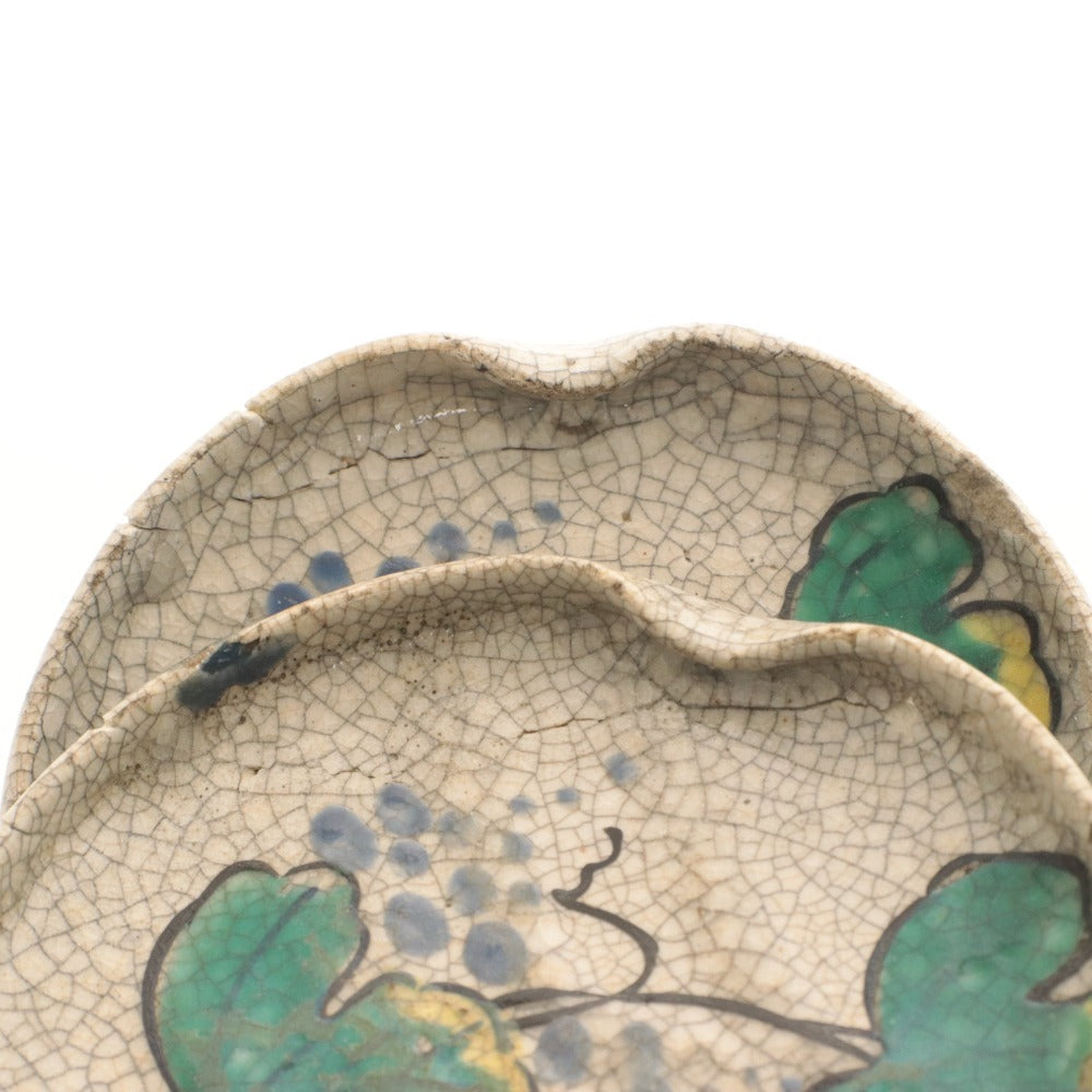 ■ 京都 粟田口焼 色絵草花文 小皿 8客/八枚セット 乾山写し ひび焼 陶印有り 陶印有り 陶器 骨董品 全長11.5cm 訳あり