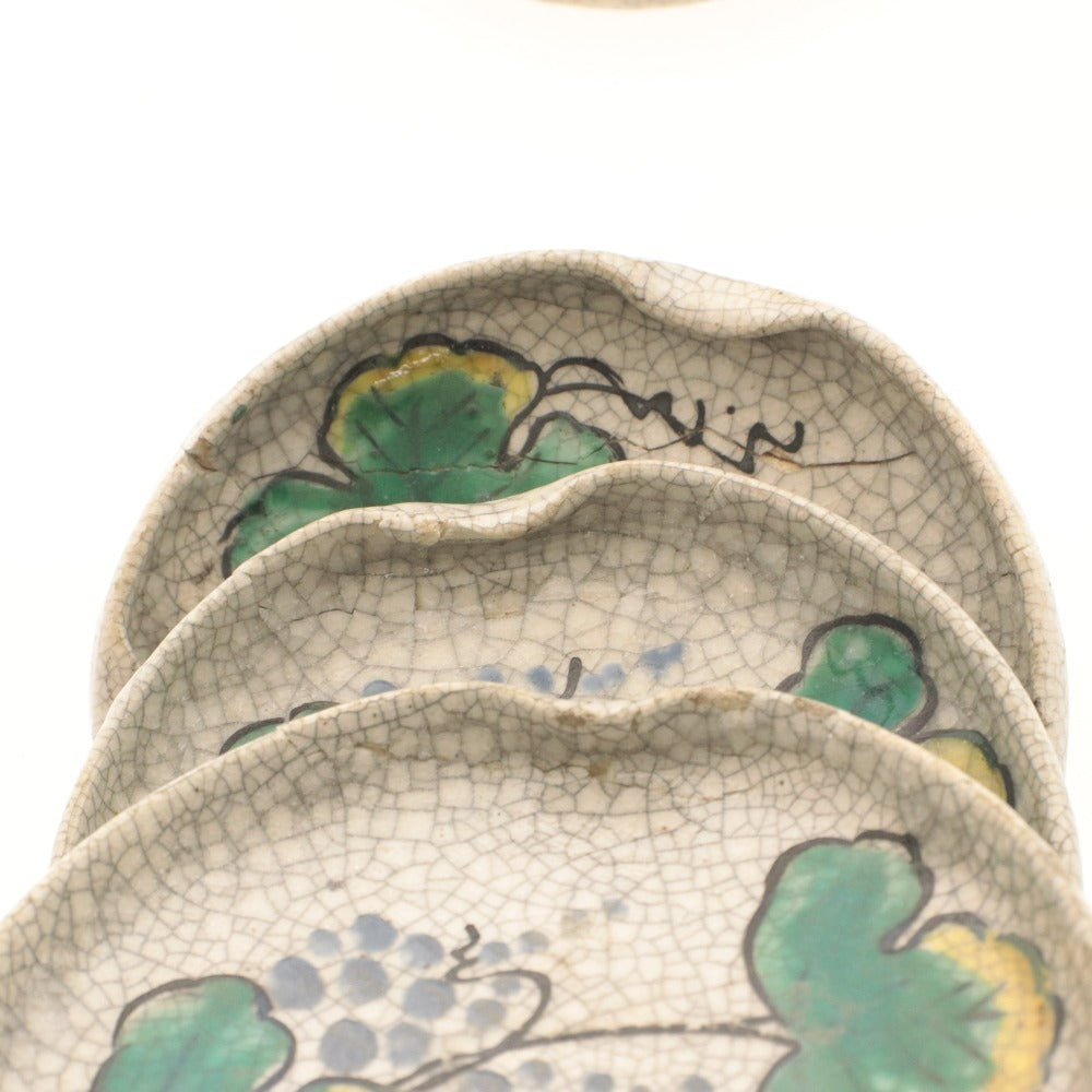 ■ 京都 粟田口焼 色絵草花文 小皿 8客/八枚セット 乾山写し ひび焼 陶印有り 陶印有り 陶器 骨董品 全長11.5cm 訳あり