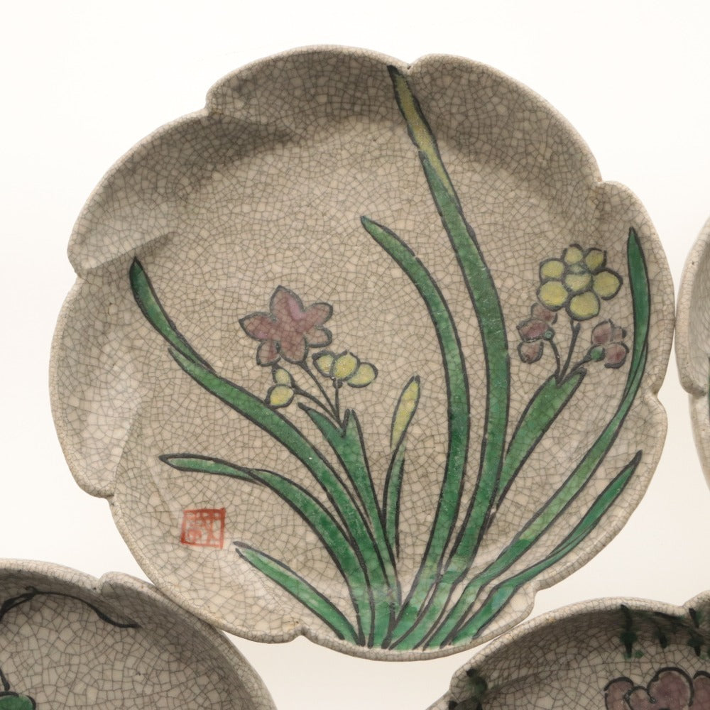 ■ Kyoto Awataguchi Ware, Overglaze Enamel, Hand-Painted, Rinka (Scalloped) Plates, Set of 5, Iris, Hydrangea, Pumpkin, Flowers and Plants, Willow and Landscape, Bridge, Kenzan Style, Crackle Glaze, Seal, Ceramic, Medium Plates, 18.3 cm