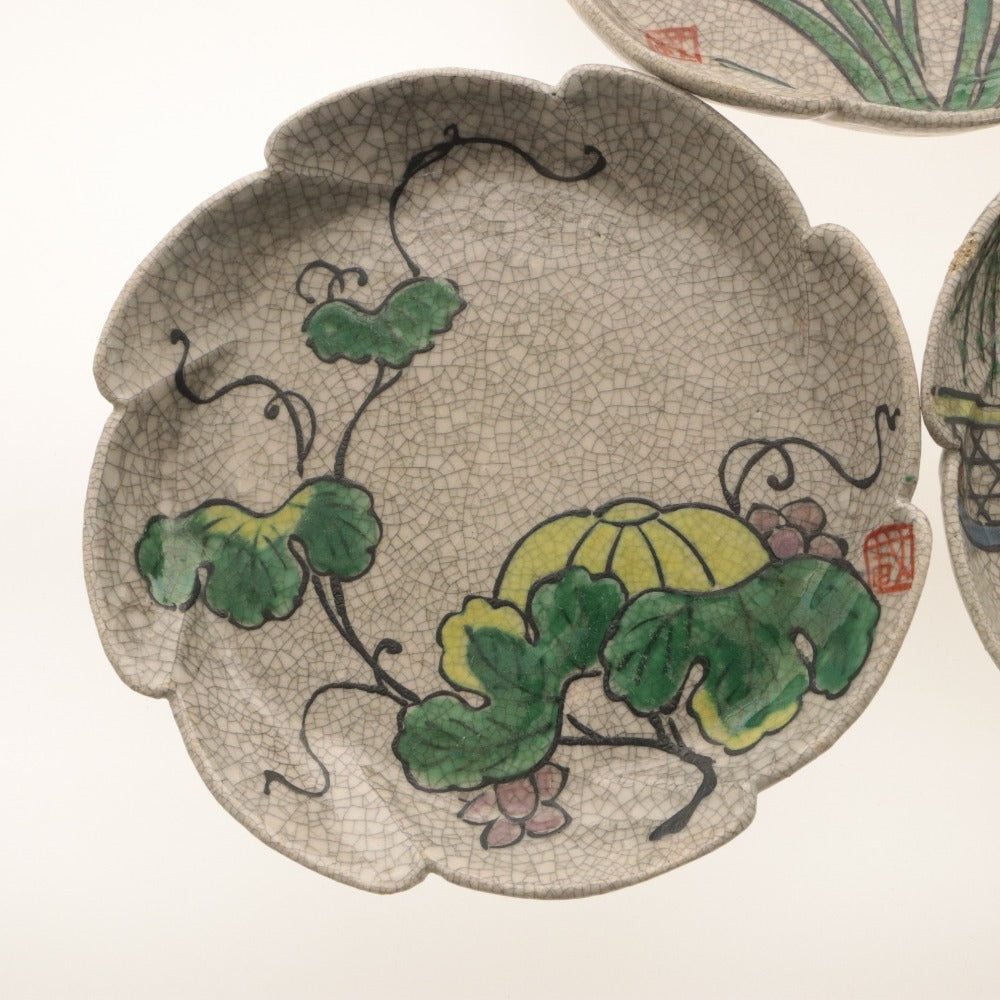 ■ Kyoto Awataguchi Ware, Overglaze Enamel, Hand-Painted, Rinka (Scalloped) Plates, Set of 5, Iris, Hydrangea, Pumpkin, Flowers and Plants, Willow and Landscape, Bridge, Kenzan Style, Crackle Glaze, Seal, Ceramic, Medium Plates, 18.3 cm