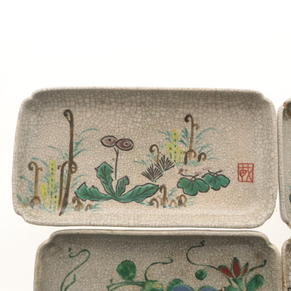 ■ 京都 粟田口焼 色絵図替 隅切長皿 4客/四枚セット 瓜 藍花 輪花 水辺草花 文 柄 乾山写し ひび焼 小～中 角皿 陶印 陶器 茶道具