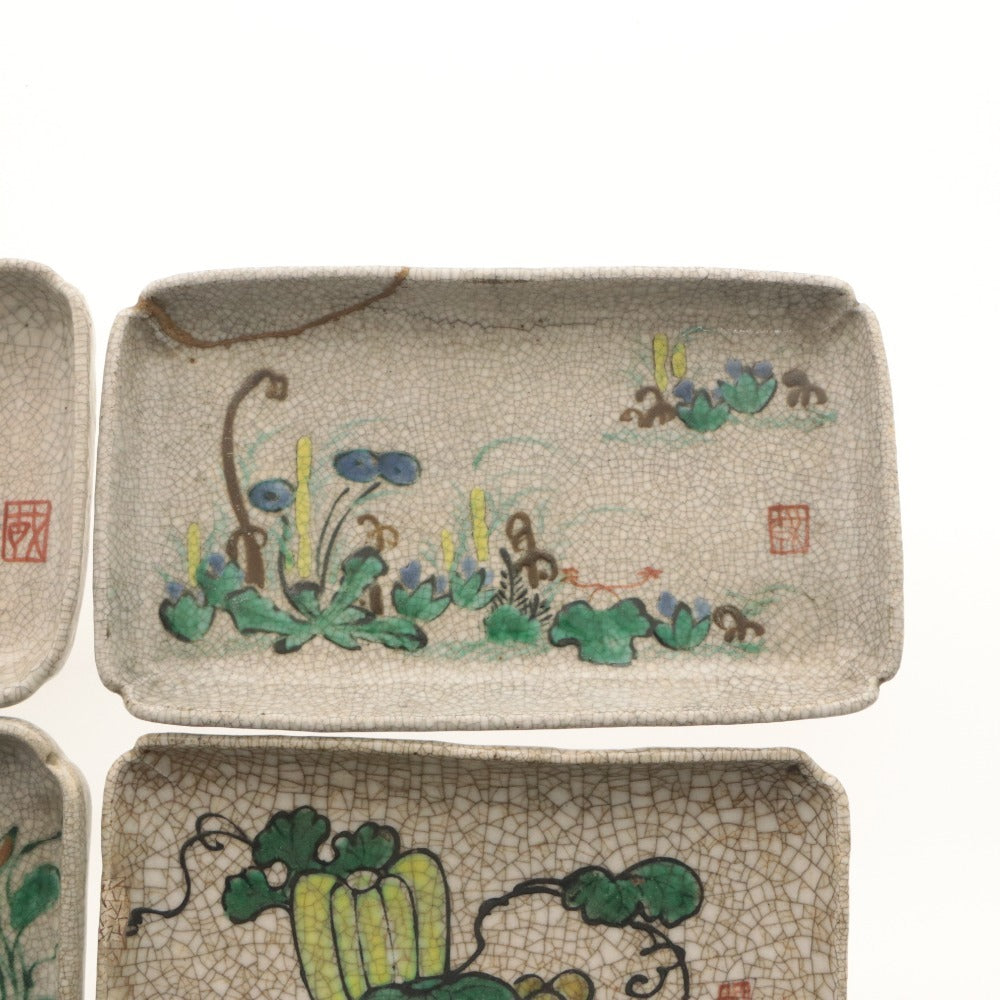 ■ 京都 粟田口焼 色絵図替 隅切長皿 4客/四枚セット 瓜 藍花 輪花 水辺草花 文 柄 乾山写し ひび焼 小～中 角皿 陶印 陶器 茶道具