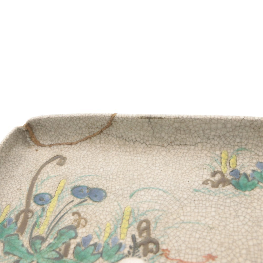 ■ 京都 粟田口焼 色絵図替 隅切長皿 4客/四枚セット 瓜 藍花 輪花 水辺草花 文 柄 乾山写し ひび焼 小～中 角皿 陶印 陶器 茶道具