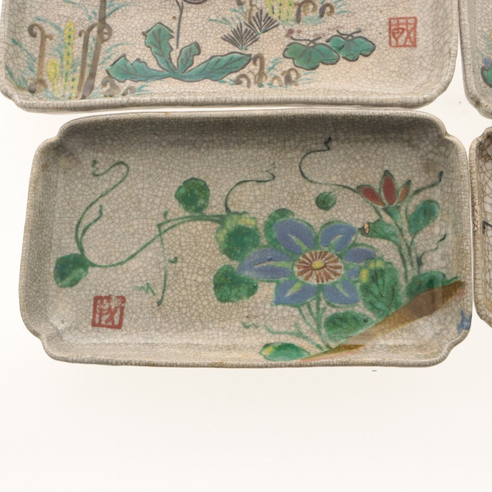 ■ 京都 粟田口焼 色絵図替 隅切長皿 4客/四枚セット 瓜 藍花 輪花 水辺草花 文 柄 乾山写し ひび焼 小～中 角皿 陶印 陶器 茶道具