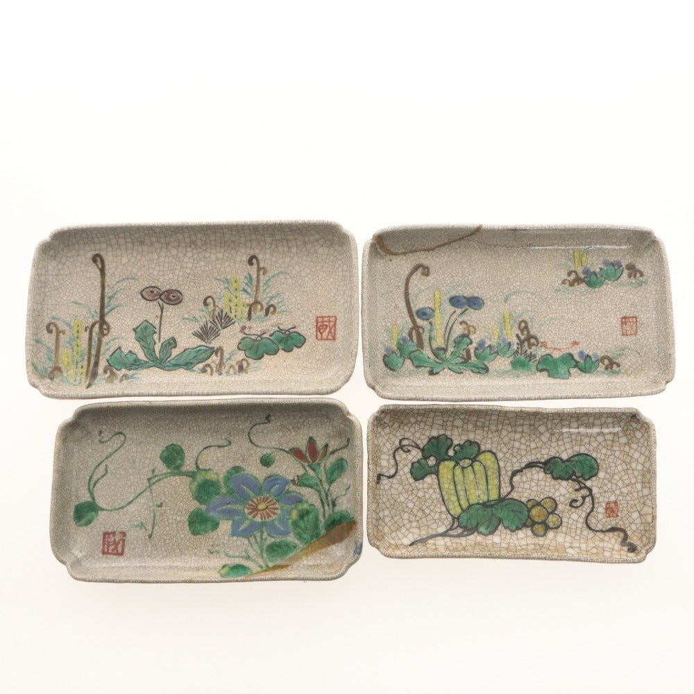 ■ 京都 粟田口焼 色絵図替 隅切長皿 4客/四枚セット 瓜 藍花 輪花 水辺草花 文 柄 乾山写し ひび焼 小～中 角皿 陶印 陶器 茶道具
