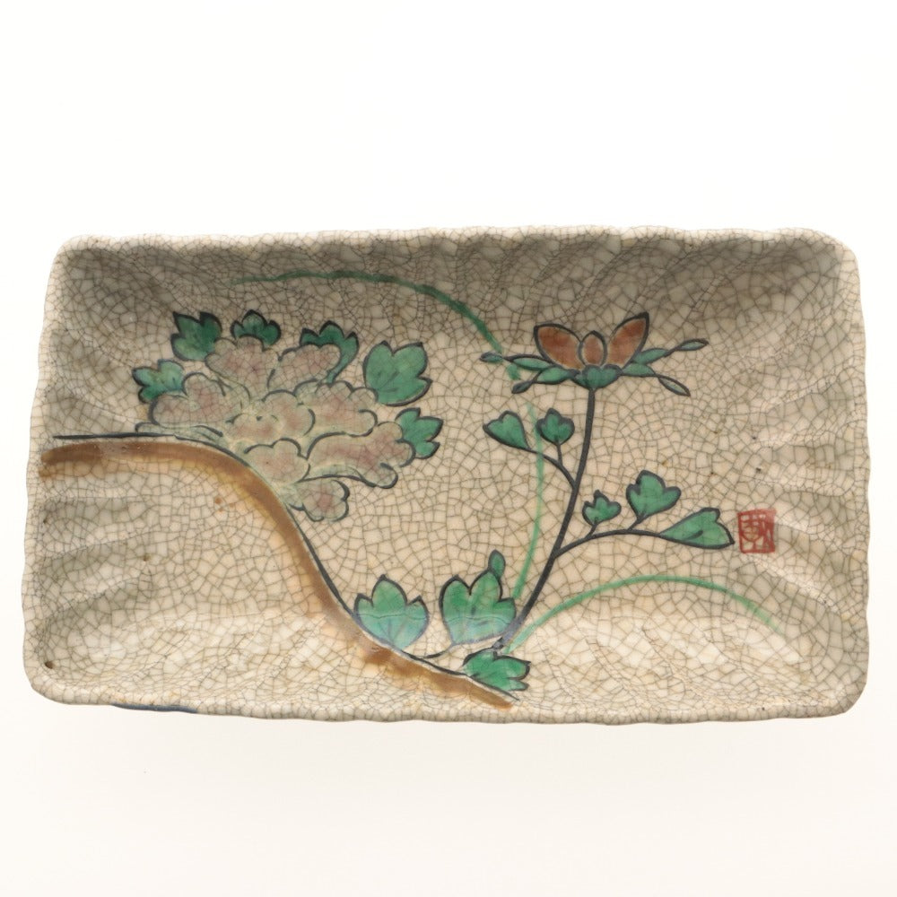■ Kyoto Awataguchi Ware, Overglaze Enamel Floral Design, Square Plate, Kenzan Style, Pattern, Signed, Seal, Ceramic, Sweets, Ornament, Medium Rectangular Plate, Overall Length 19.6 cm