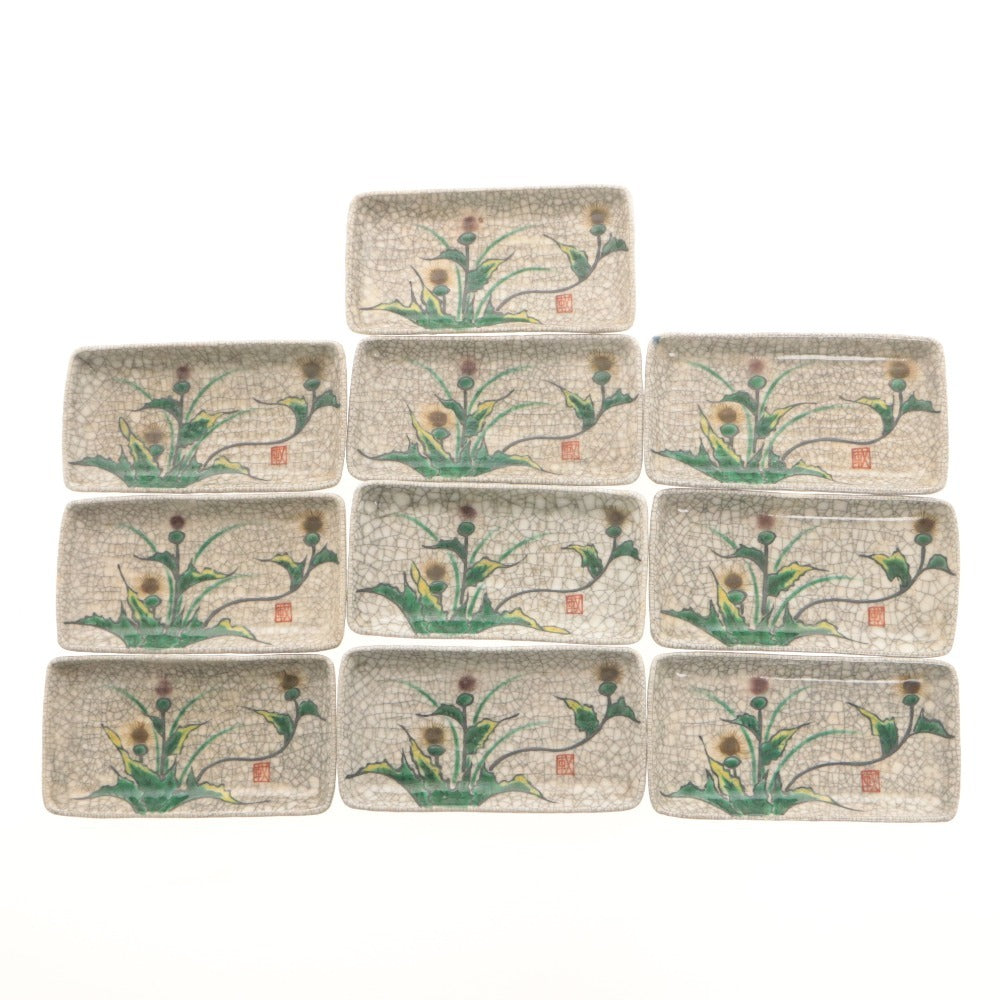 ■ Kyoto Awataguchi Ware, Overglaze Enamel Floral Design, Long Rectangular Plate, Set of 10, Kenzan Style, Crackle Glaze, Pattern, Signed, Seal, Medium Plate, Ceramic, Overall Length 20.5 cm