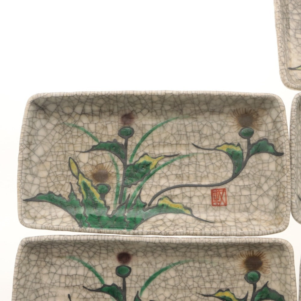 ■ Kyoto Awataguchi Ware, Overglaze Enamel Floral Design, Long Rectangular Plate, Set of 10, Kenzan Style, Crackle Glaze, Pattern, Signed, Seal, Medium Plate, Ceramic, Overall Length 20.5 cm
