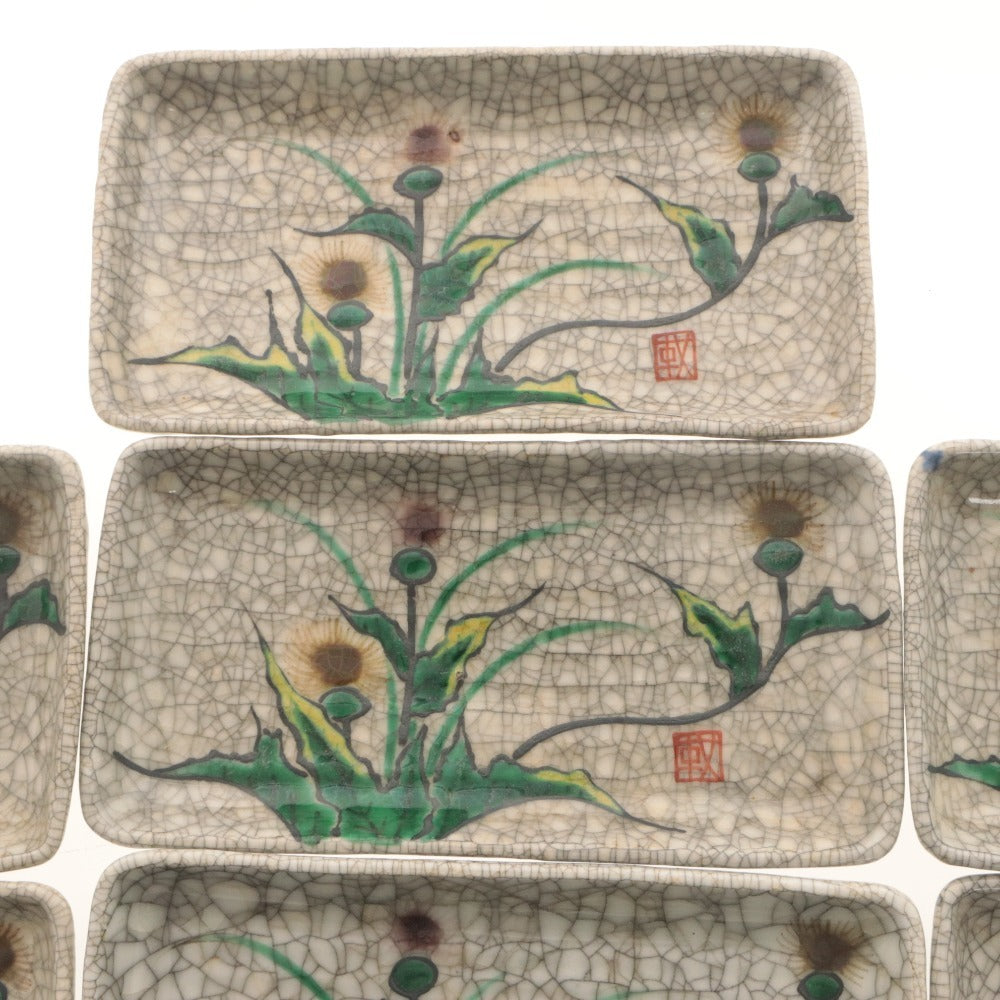 ■ Kyoto Awataguchi Ware, Overglaze Enamel Floral Design, Long Rectangular Plate, Set of 10, Kenzan Style, Crackle Glaze, Pattern, Signed, Seal, Medium Plate, Ceramic, Overall Length 20.5 cm