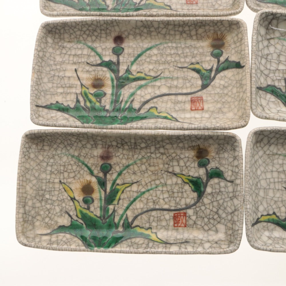 ■ Kyoto Awataguchi Ware, Overglaze Enamel Floral Design, Long Rectangular Plate, Set of 10, Kenzan Style, Crackle Glaze, Pattern, Signed, Seal, Medium Plate, Ceramic, Overall Length 20.5 cm