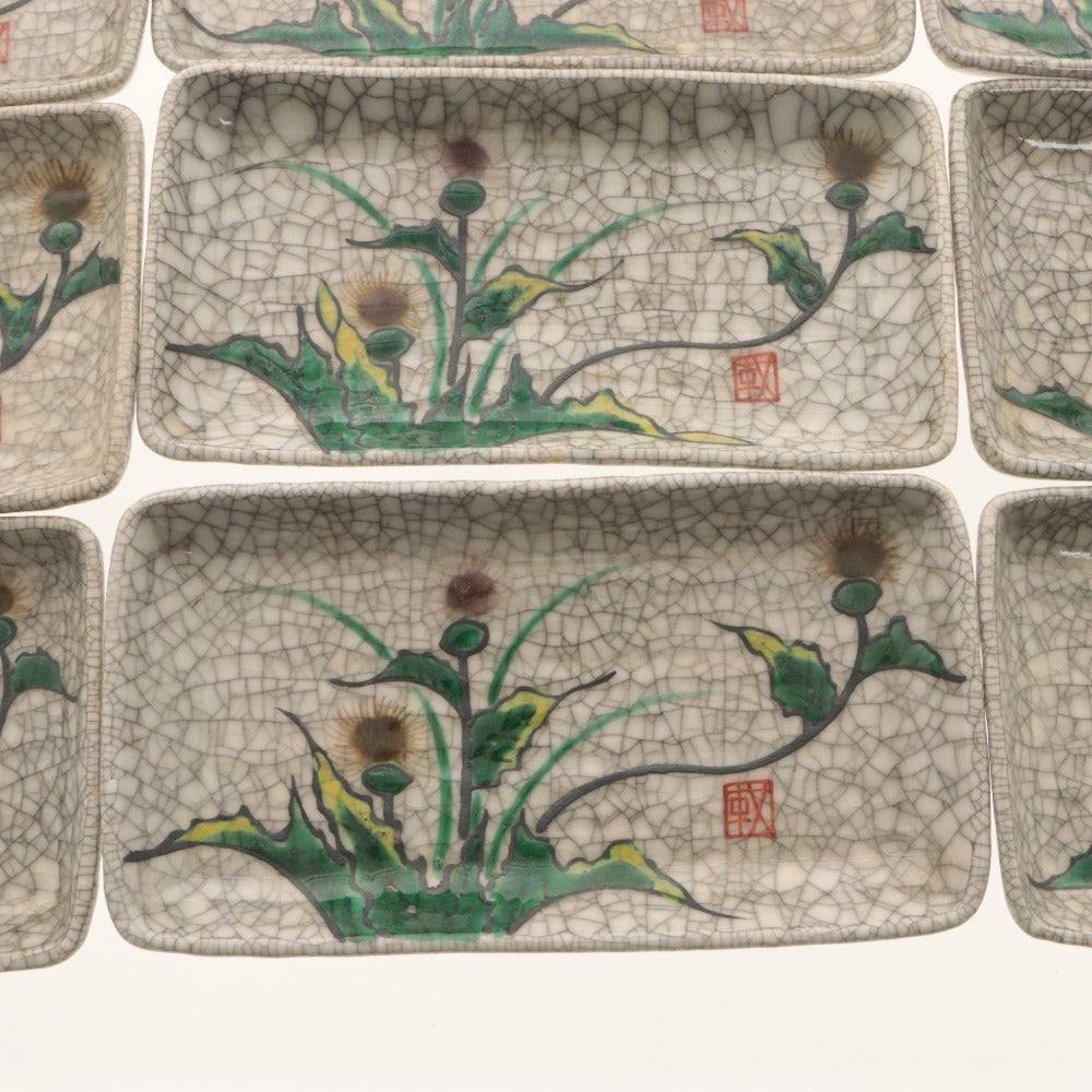 ■ Kyoto Awataguchi Ware, Overglaze Enamel Floral Design, Long Rectangular Plate, Set of 10, Kenzan Style, Crackle Glaze, Pattern, Signed, Seal, Medium Plate, Ceramic, Overall Length 20.5 cm