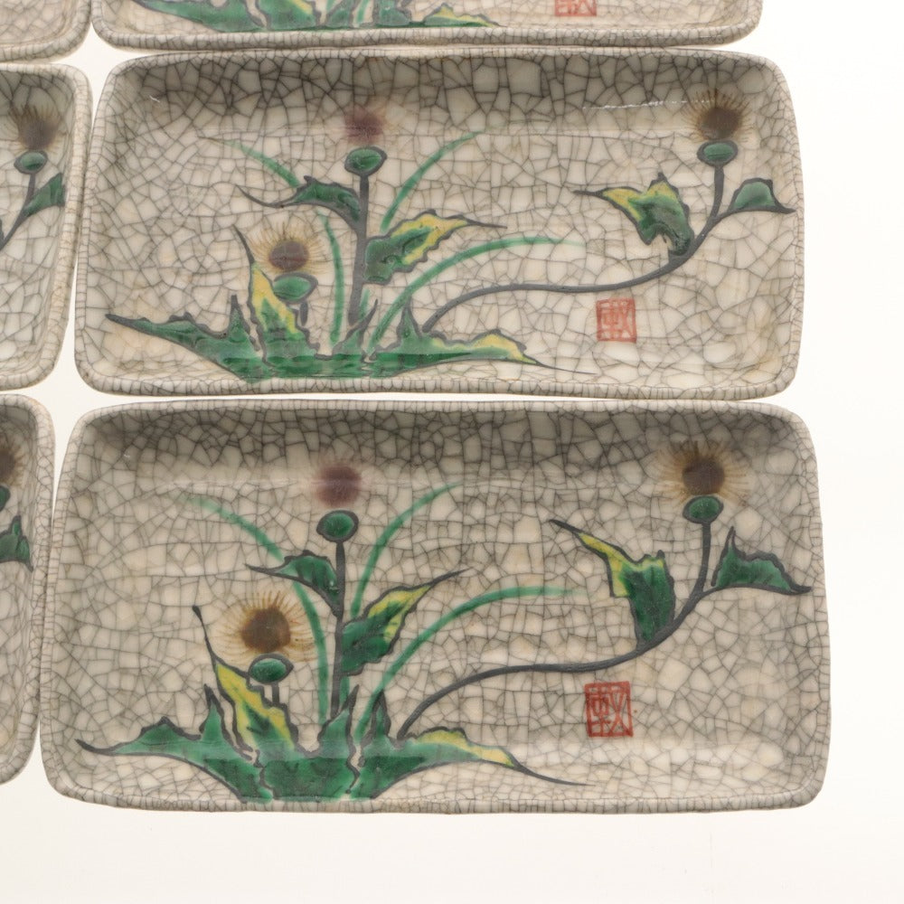 ■ Kyoto Awataguchi Ware, Overglaze Enamel Floral Design, Long Rectangular Plate, Set of 10, Kenzan Style, Crackle Glaze, Pattern, Signed, Seal, Medium Plate, Ceramic, Overall Length 20.5 cm