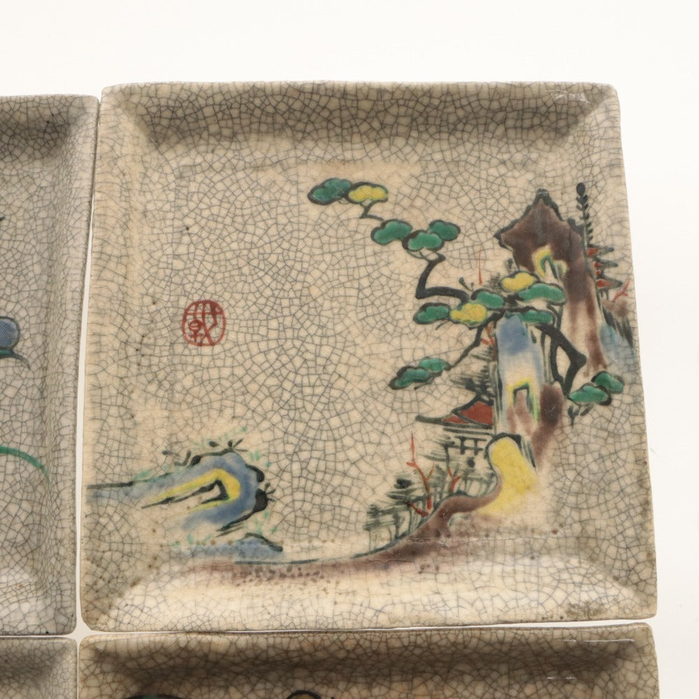 ■ 京都 粟田口焼 色絵図替 角皿 4客/四枚セット 絵変り 椿 草花 梅木 茅葺き家 文 柄 乾山写し 在銘陶印 陶器 銘々 中皿 全長17.2cm