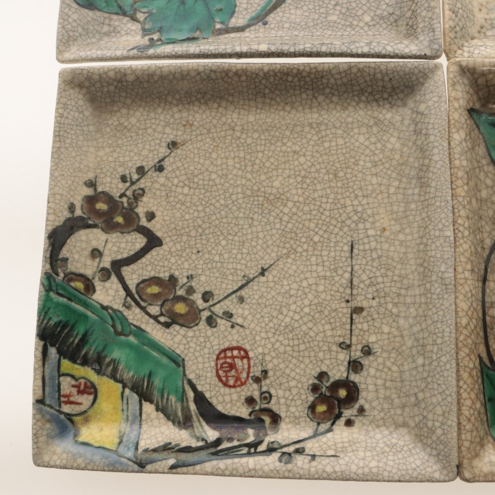 ■ 京都 粟田口焼 色絵図替 角皿 4客/四枚セット 絵変り 椿 草花 梅木 茅葺き家 文 柄 乾山写し 在銘陶印 陶器 銘々 中皿 全長17.2cm