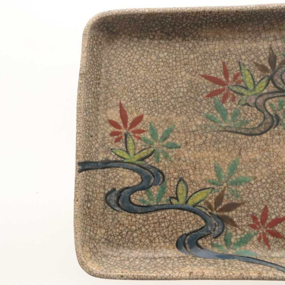■ 京都 粟田口焼 色絵角皿 2客/二枚セット 絵替 川 流水紅葉 草花 柳橋 文 柄 絵変り 乾山写し 在銘 陶印 陶器 四方中皿 全長15.5cm