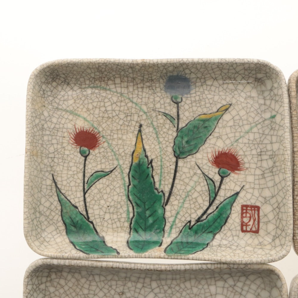 ■ 京都 粟田口焼 色絵図替 角皿 6客/六枚セット 絵替 絵変り 薊 椿 柳橋 菊 梅萩 草花 文 柄 乾山写し 陶印 陶器 銘々 四方 中皿
