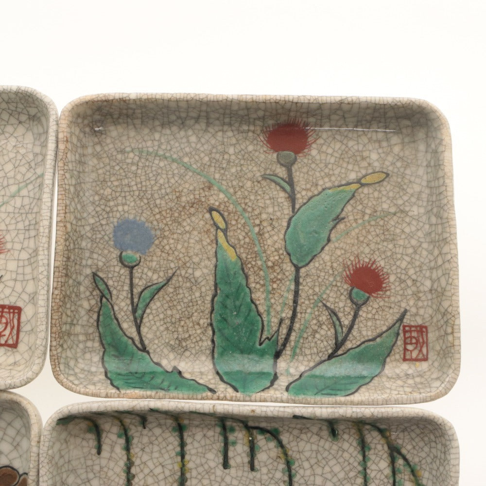 ■ 京都 粟田口焼 色絵図替 角皿 6客/六枚セット 絵替 絵変り 薊 椿 柳橋 菊 梅萩 草花 文 柄 乾山写し 陶印 陶器 銘々 四方 中皿